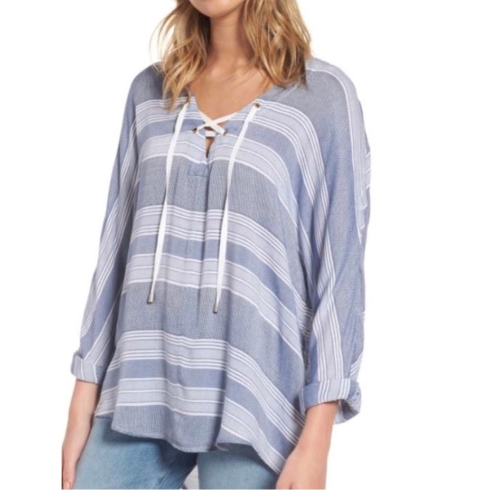 Rails Lily Athens Stripe Blouse Top Shirt Long Sleeve Blue Rayon Lace-Up